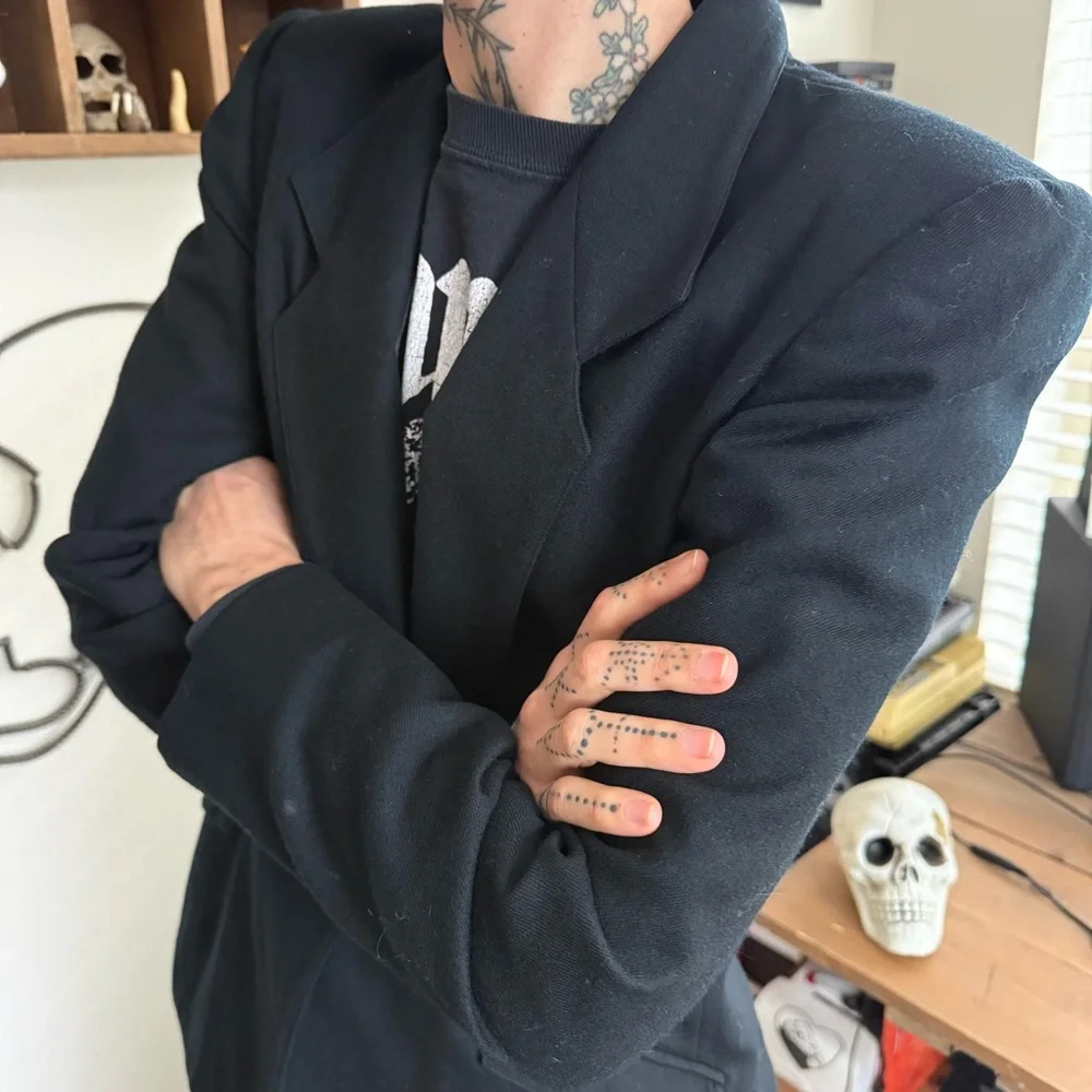 💀 SOLD 💀 Vintage 80s Black Worsted Wool Single Button Blazer by Prophecy ~ Small - Picture 4 of 8